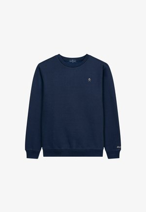 Felpa blu navy realizzata in tessuto morbido, con scollo rotondo, maniche lunghe e un piccolo logo sul petto.