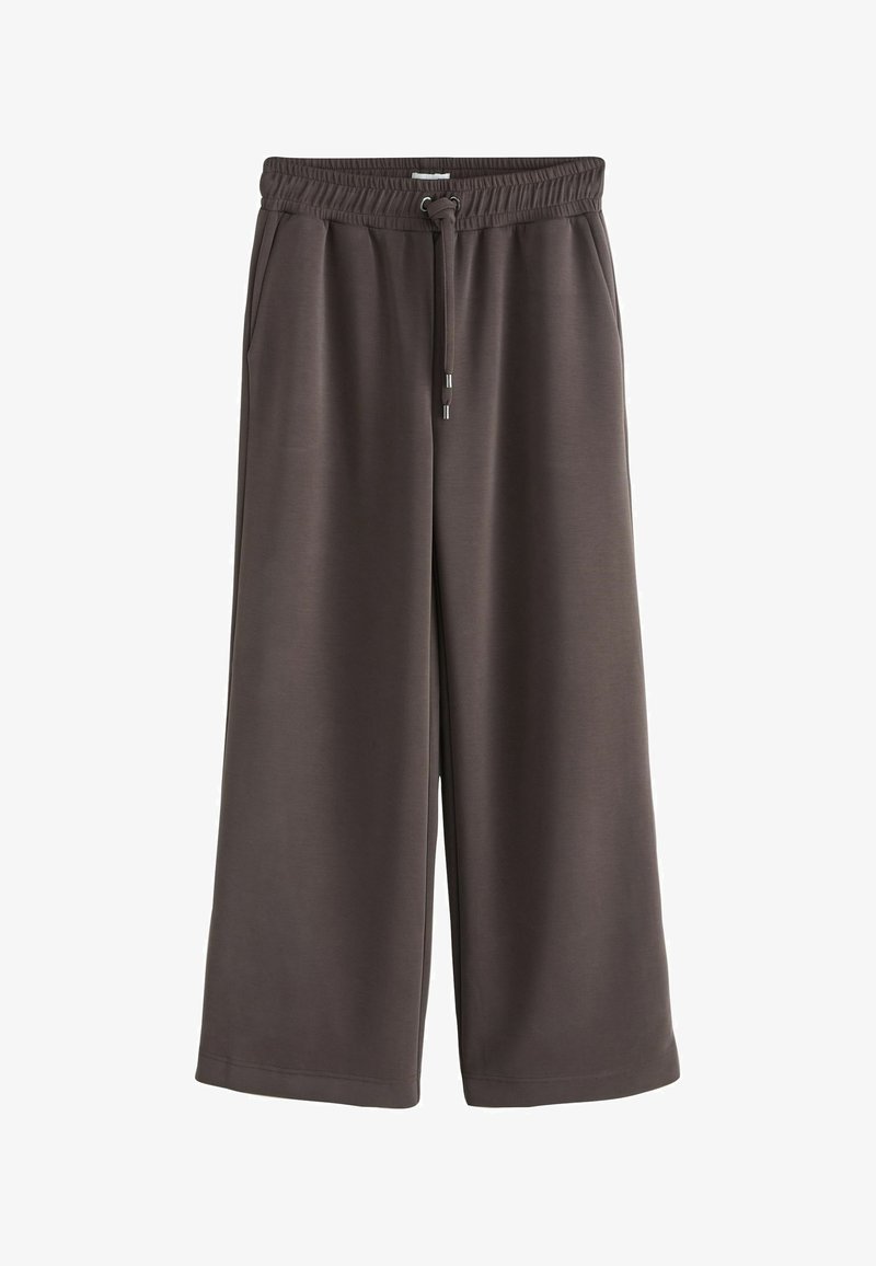Pantalon large gris foncé avec taille élastique et cordon, doté de poches latérales et d’un tissu lisse et confortable.