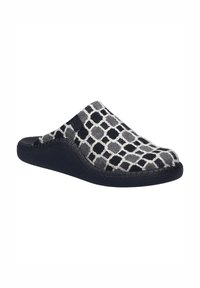 Black and white slip-on slipper featuring a textured, woven upper with a grid pattern and a sturdy black rubber sole.