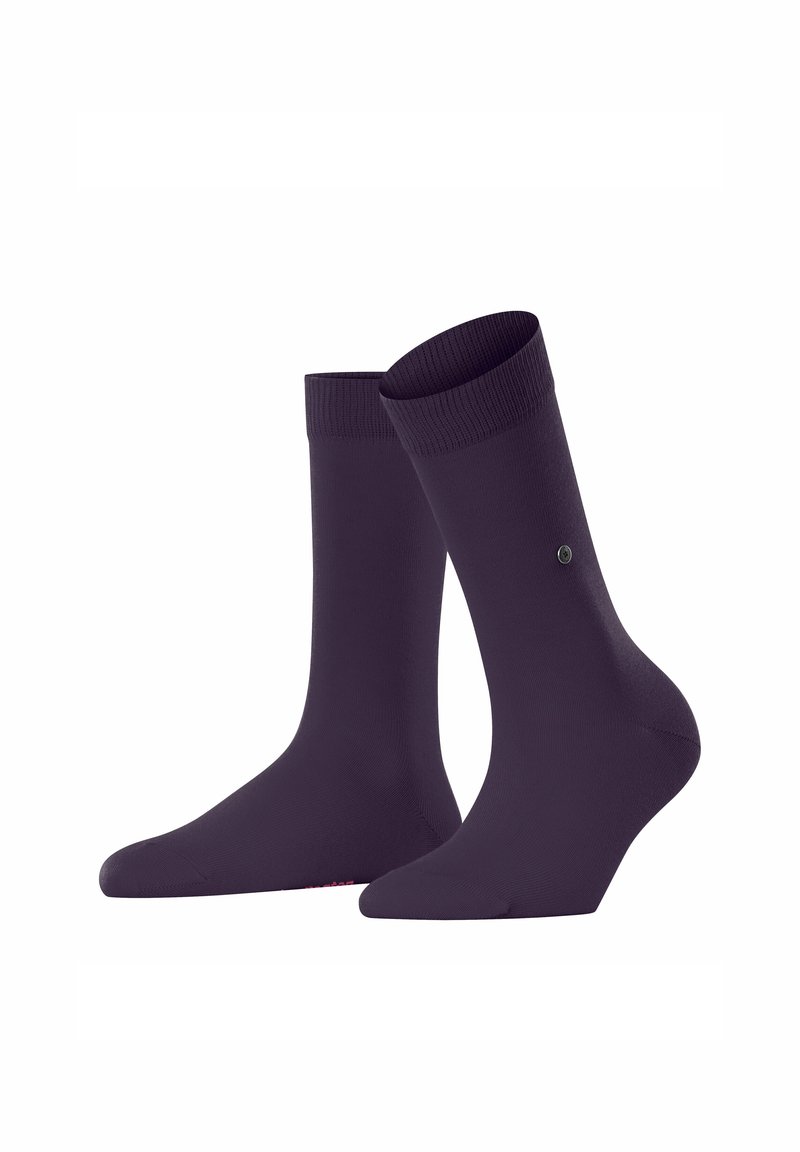 Calze viola lunghe fino alla caviglia con bordo a costine e un piccolo logo nero su un lato, esposte su uno sfondo bianco.