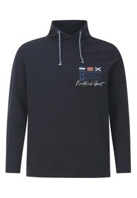 Navy long-sleeve pullover with a high collar, featuring decorative drawstrings, printed text, and flags on the front. Smooth fabric texture.