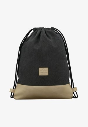 Trekkoordrugzak van donkergrijze stof met een beige onderkant. Voorzien van een rechthoekige logovlek en zwarte trekkoorden voor sluiting.