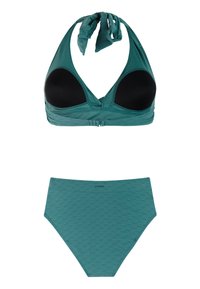 Turquoise bikini set bestaande uit een haltertop met zwarte gevoerde cups en een gestructureerde broek met hoge taille en een subtiel patroon.