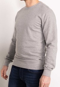 Sudadera de algodón gris con mangas largas, puños acanalados y cuello redondo. Incluye una etiqueta de marca sutil en el dobladillo inferior.