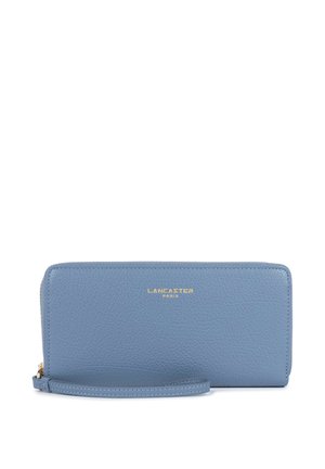 Blue leather wallet with a textured finish, gold brand logo, zip closure, and wrist strap. Rectangular shape, compact design.
