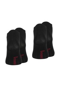 Chaussettes noires de cheville avec une texture côtelée, portant un logo rouge au niveau du talon. Ensemble de quatre paires. Couleur unie, design sans couture.