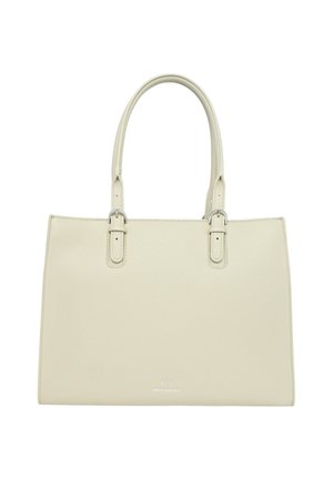 Bolso de mano de cuero color crema con superficie texturizada, dos asas y acentos metálicos. Presenta una forma rectangular estructurada y un logo sutil.