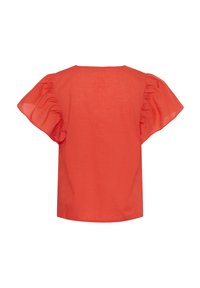Blouse orange vif à manches courtes avec des manches bouffantes larges et froncées et un ourlet droit, vue de dos sur fond blanc.