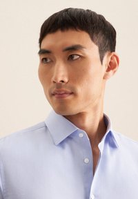 Lichtblauw gestreept overhemdd met een puntkraag en witte knopen, met een gladde textuur en een getailleerde pasvorm. Close-up portret.