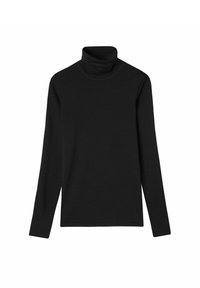 Haut à col roulé noir en tissu lisse et extensible. Manches longues et coupe ajustée avec un col haut plié. Aucun motif ou accent visible.
