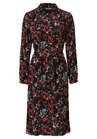 Abito con stampa floreale, maniche lunghe, colletto e cintura. Sfondo scuro con fiori rossi, arancioni e verdi. Tessuto morbido e leggero.