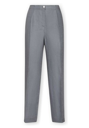 Grå skræddersyede bukser med lige ben, foran lukning med knap og lynlås, sidelommer samt et rent og krølfrit udseende.