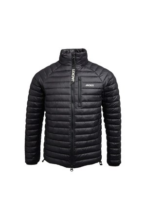 Veste matelassée noire avec un col haut, une fermeture éclair à l'avant et une poche sur la poitrine. Présente un motif matelassé horizontal et des poignets élastiques. Matériau imperméable.