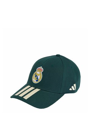 Gorra de béisbol verde oscuro con logo del Real Madrid en el centro frontal y tres franjas beige en la visera y lateral, hecha de tela.