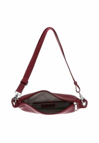 Rote Leder-Schultertasche mit verstellbarem Tragegurt, Reißverschluss und beigem Innenfutter mit einer Reißverschlusstasche innen.