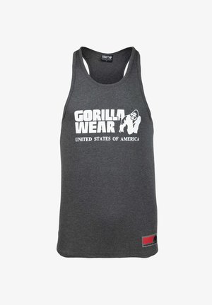 Tumši pelēks bez piedurknēm topiņš ar uzrakstu "Gorilla Wear Amerikas Savienotās Valstis" un baltu gorillas grafiku uz priekšpuses.
