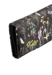 Black leather wallet with colorful floral and butterfly prints, folded and showing textured surface and detailed stitching.