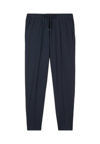 Marineblauwe joggingsbroek gemaakt van zachte stof, met een elastische tailleband met een trekkoord en twee zijzakken voor extra gemak.
