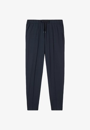 Tmavě modré joggingové kalhoty vyrobené z měkké tkaniny, vybavené elastickým pasem se šňůrkou a dvěma bočními kapsami pro větší pohodlí.