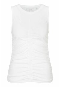 White sleeveless top made of soft fabric, featuring side ruching for texture and a fitted design. Round neckline, no embellishments.