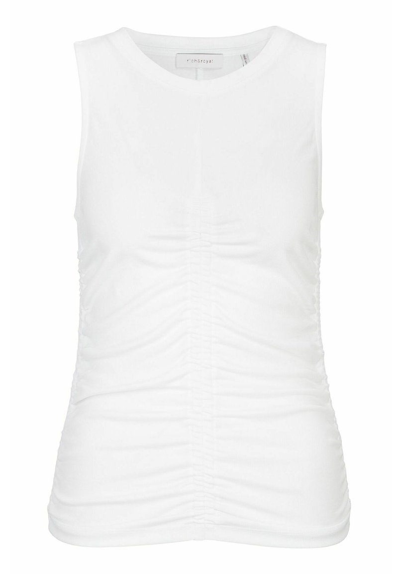 White sleeveless top made of soft fabric, featuring side ruching for texture and a fitted design. Round neckline, no embellishments.