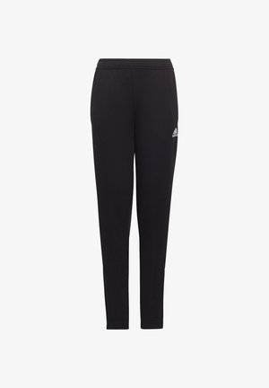 Schwarze Sporthose mit slim-fit, elastischem Bund und gesticktem Logo am unteren Bein. Hergestellt aus einem weichen, dehnbaren Stoff.