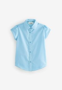 Camicia azzurra a maniche corte con chiusura a bottoni, colletto e delicati dettagli di cucitura lungo il patta dei bottoni. Tessuto morbido.