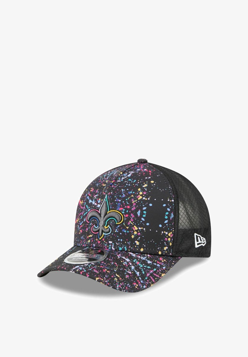 Black baseball cap with a multicolored splatter pattern, featuring a prominent embroidered fleur-de-lis logo, mesh back, and curved brim.