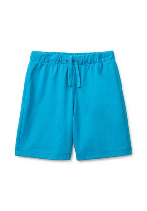 Blauwe elastische taille shorts met trekkoord, knielengte, eenvoudig ontwerp, gemaakt van zachte stof.