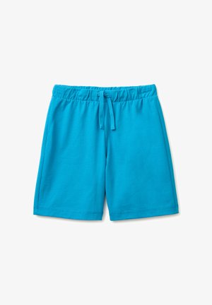 Blauwe elastische taille shorts met trekkoord, knielengte, eenvoudig ontwerp, gemaakt van zachte stof.