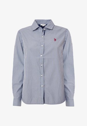 Camicia a maniche lunghe con bottoni, a righe verticali blu e bianche, colletto e logo rosso ricamato sul petto a sinistra.