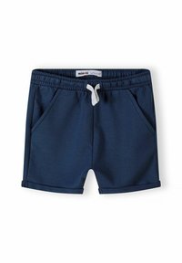 Pantalones cortos azul marino hechos de una tela suave, con una cinturilla elástica y un cordón blanco, dos bolsillos laterales y puños enrollados.