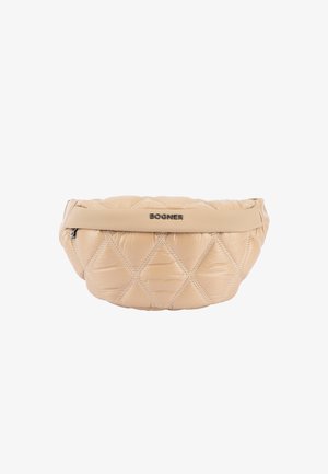 Béžová prošívaná ledvinka s diamantovým prošíváním, uzávěrem na zip a kovovým logem "BOGNER" na předním panelu.
