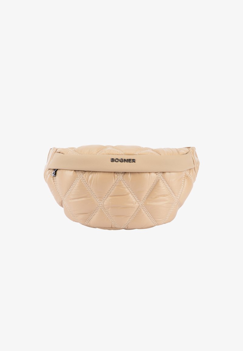 Beżowa, pikowana saszetka na talię z diamentowym przeszyciem, z zamknięciem na zamek błyskawiczny oraz metalowym logo "BOGNER" na przedniej panelu.