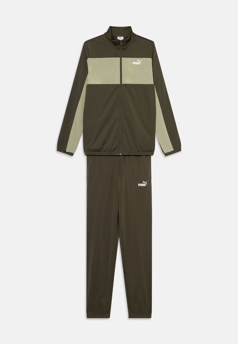 PUMA tepláková súprava v tmavozelenej a svetloolivovej farbe, zipsová bunda so zodpovedajúcimi nohavicami. Obsahuje logo na bunde a nohaviciach, hladká textúra látky.