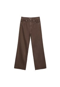 Jean marron à jambes larges avec bouton et fermeture éclair à l’avant, doté de deux poches avant et d’une poche pour pièce de monnaie, posé à plat sur un fond blanc.