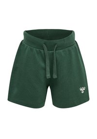Gröna bomullsshorts med elastisk midja och snörning, med en liten vit bi-logotyp på framsidan, mjuk textur, avslappnad passform.