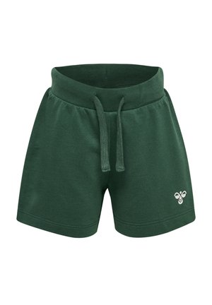 Groene katoenen shorts met een elastische tailleband en trekkoord, voorzien van een klein wit bijenlogo aan de voorkant, gladde textuur, relaxed fit.