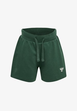 Gröna bomullsshorts med elastisk midja och snörning, med en liten vit bi-logotyp på framsidan, mjuk textur, avslappnad passform.