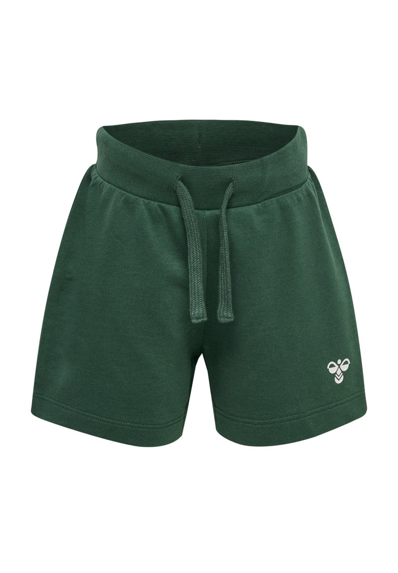 Gröna bomullsshorts med elastisk midja och snörning, med en liten vit bi-logotyp på framsidan, mjuk textur, avslappnad passform.