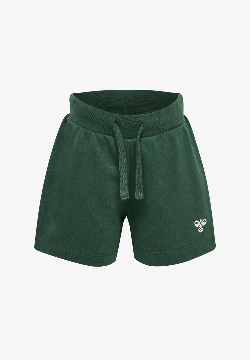Gröna bomullsshorts med elastisk midja och snörning, med en liten vit bi-logotyp på framsidan, mjuk textur, avslappnad passform.
