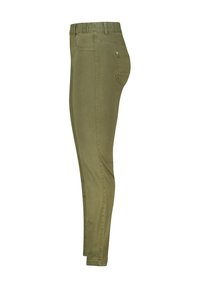 Olijfgroene, slim-fit broek van rekbare stof. Voorzien van een elastische tailleband en een achterzak. Gladde textuur, geen zichtbare patronen.