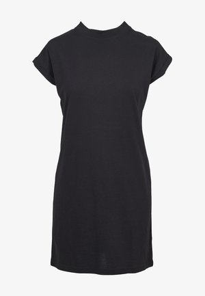 Zwart katoenen t-shirtjurk met een hoge halslijn en opgevouwen korte mouwen. Rechte snit met een lengte tot halverwege de bovenbenen. Gladde textuur.