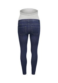 Tummansiniset äitiysfarkut kapealla mallilla, joissa on kaksi takataskua ja harmaa joustava vyötärönauha takaapäin nähtynä.