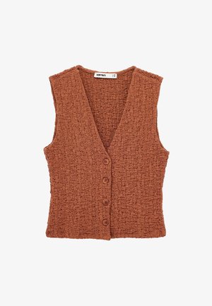 Ruosteenvärinen ilman hihoja oleva liivi, jossa on teksturoitu neulekuvio. Täydellinen syvä V-pääntie ja viisi etunappia. Pehmeää kangasta, jossa on rento mitoitus.