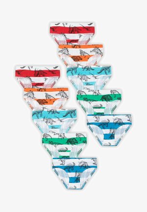 Onze paires de sous-vêtements pour enfants présentant divers motifs de dinosaures sur des fonds blancs avec des rayures horizontales colorées en rouge, orange, vert et bleu.