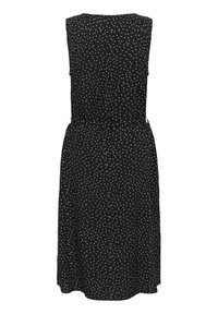 Rochie neagră fără mâneci, cu un model de puncte albe. Are talie ajustată, fustă fluidă și decolteu rotund. Textură de țesătură moale.