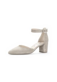 Beige suede pump with a pointed toe, ankle strap, and a block heel. Features smooth texture and subtle stitching detail on the upper.