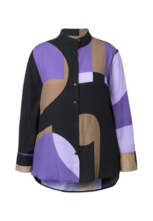 Napitettava kauluspaita, jossa suuri sekoitus geometrisia muotoja violeteissa, mustissa ja ruskeissa sävyissä. Pitkät hihat ja mandariinikaulus. Sileä kangas.