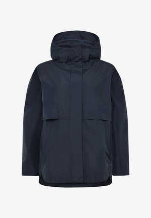 Marineblaue wasserdichte Jacke mit hohem Kragen, verdeckten Fronttaschen und lockerem Schnitt. Mit Kapuze und dezentem Strukturmuster.